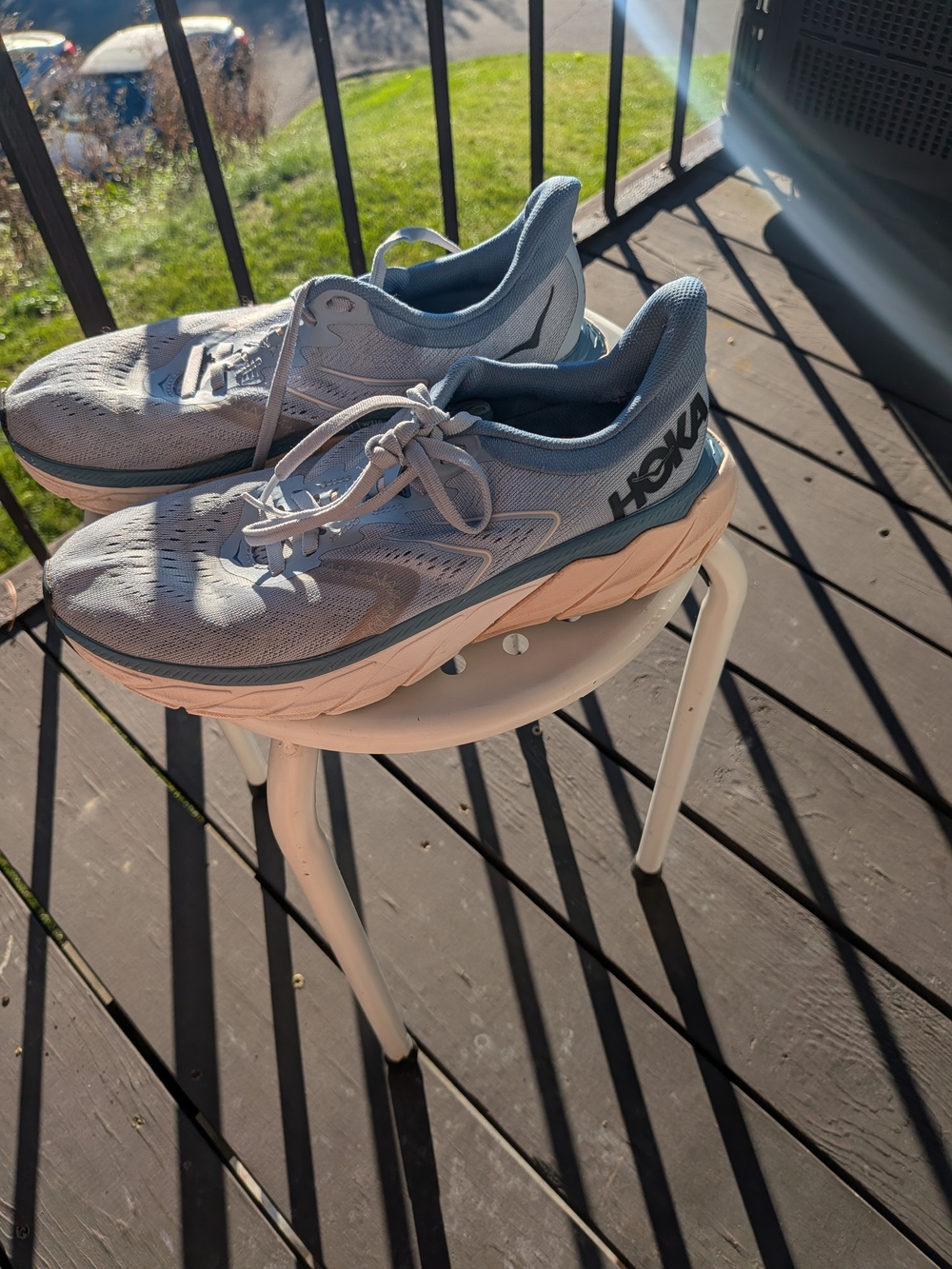 Hoka Women's Light Gray and Blue Cushioned Running Shoes